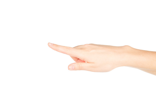 Женщина рука с пальцем точку изолированный белый фон
 - Фото, изображение