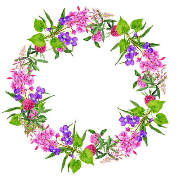 Wild flowers wreath with clover fireweed and viola - Zdjęcie, obraz