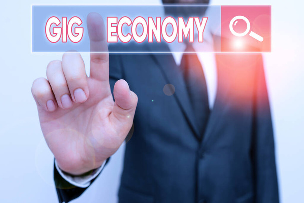 Znak tekstowy pokazujący Gig Economy. Koncepcyjny system wolnego rynku zdjęć, w którym tymczasowe pozycje są wspólne. - Zdjęcie, obraz