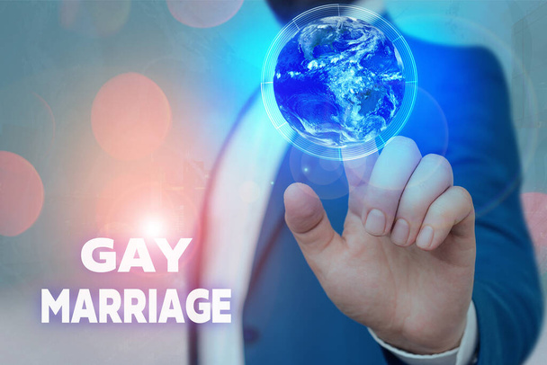 Text sign showing Gay Marriage. Conceptual photo entered into in a civil or religious ceremony of the same sex Elements of this image furnished by NASA. - Photo, Image
