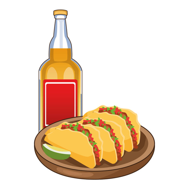 Tequila-Flasche und Tacos mexikanische Symbole - Vektor, Bild