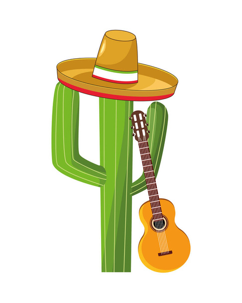 cactus mexican plant with guitar and hat - Vector, Image