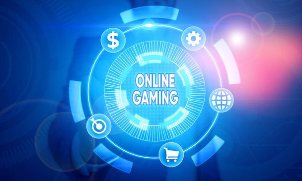 Kirjoittaminen huomautus osoittaa Online Gaming. Business valokuva esittelee toimintaa tai käytäntö pelaa videopelejä Internetissä
. - Valokuva, kuva