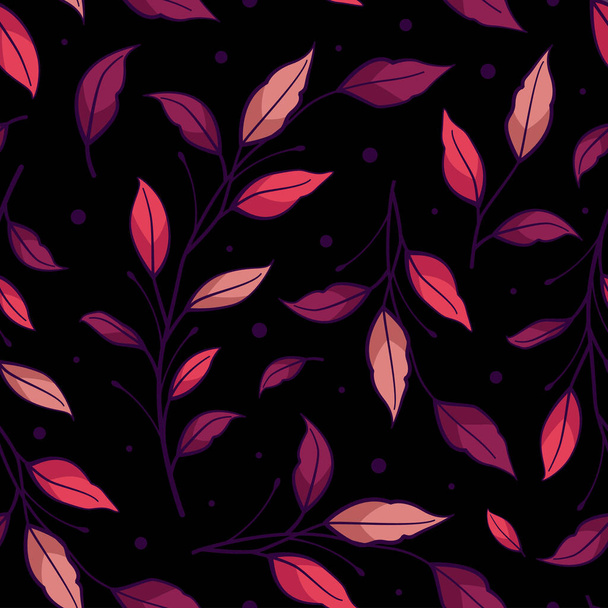  Padrão sem costura vetorial com folhas roxas e rosa no fundo preto. Design floral para tecido, papel de parede, têxtil, web design
. - Vetor, Imagem