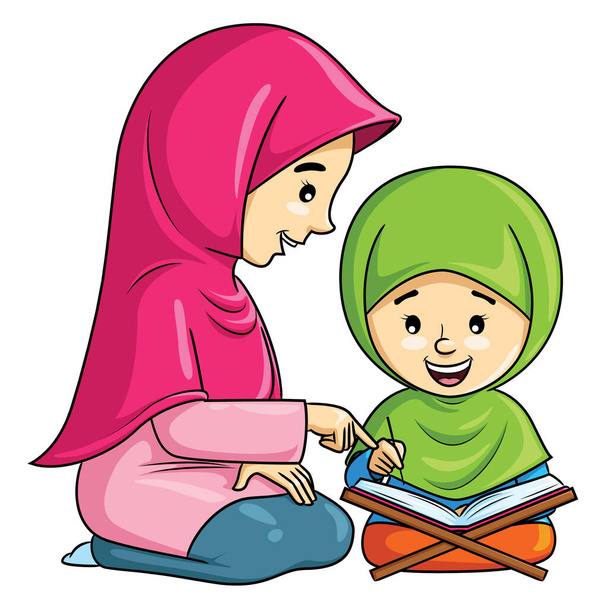 Иллюстрация мультфильм милый мусульманская девушка учится читать Коран со своей матерью
. - Вектор,изображение