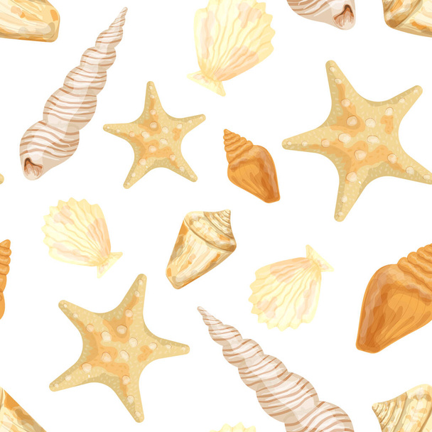 Starfish and shells on a white background. Seamless pattern. Vector illustration made in watercolor style. - Vector, Image