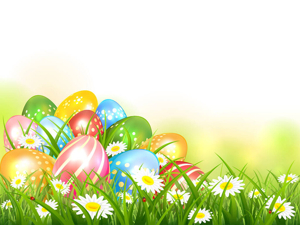 Tema de Pascua con huevos de colores en la hierba con flores. Naturaleza de primavera. Ilustración con huevos realistas se puede utilizar para el diseño de vacaciones, pancartas, póster, tarjetas de felicitación
. - Vector, Imagen