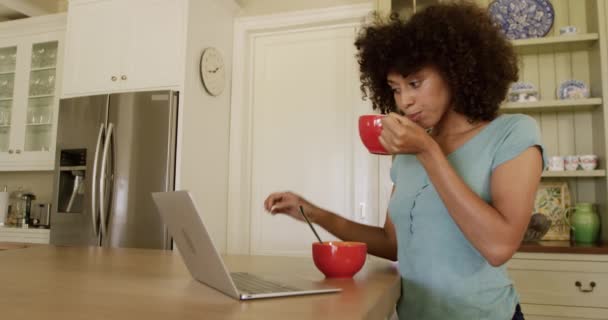 Side view of a mixed race woman enjoying her time in an apartment, sitting by a table, drinking tea and using laptop, in slow motion. Social distancing and self isolation in quarantine lockdown - Séquence, vidéo