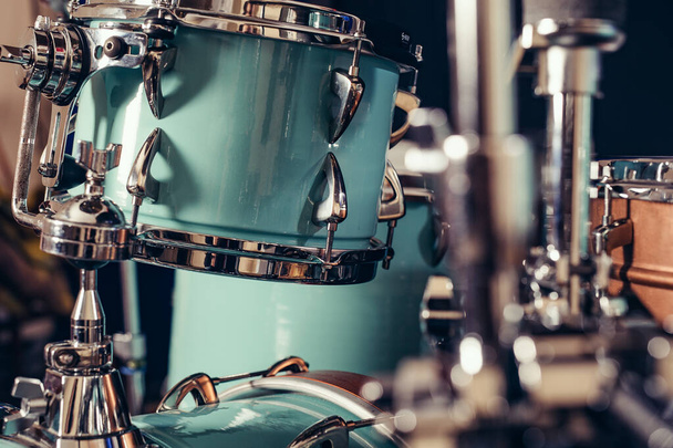 Detail of a drum kit closeup . Drums on stage retro vintage picture. - Foto, Bild
