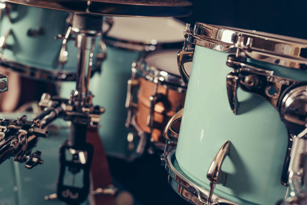 Detail of a drum kit closeup . Drums on stage retro vintage picture. - Foto, immagini