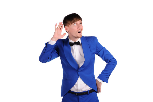 Funny man in blue suite with on white background - Fotografie, Obrázek