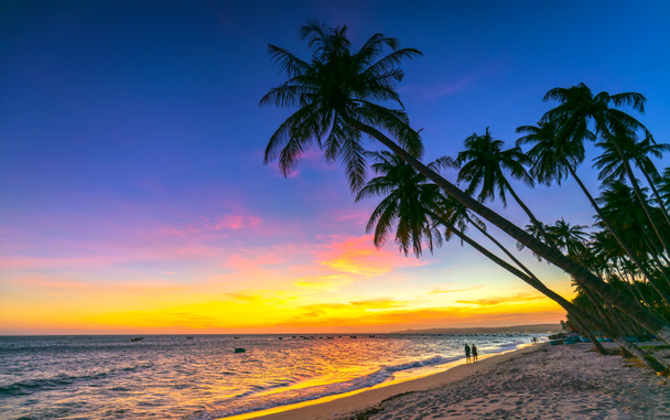 Puesta de sol en la playa con pareja de siluetas, cocoteros inclinados, largas playas de arena y hermoso cielo dorado y romántico para el resort de fin de semana
. - Foto, imagen