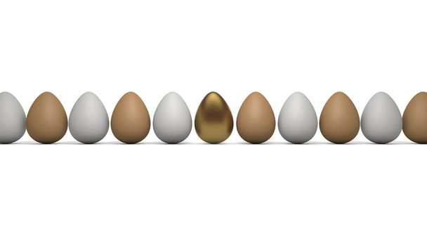 Beyaz arka planda izole edilmiş üç boyutlu beyaz ve sarı tavuk yumurtası ve bir altın yumurta. Gıda endüstrisi için illüstrasyon, reklam etiketleri ve afişler. Sağlıklı bir diyet fikri. - Fotoğraf, Görsel