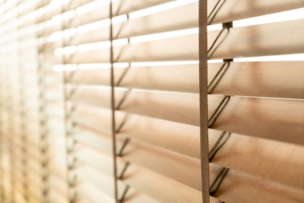 close-up wooden blinds window with copy space - Фото, изображение