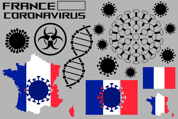 Illustration d'un coronavirus, avec drapeaux et territoire du pays de France. Des cellules coronavirus, une hélice génétique et un signe de danger biologique. Illustration vectorielle
. - Vecteur, image