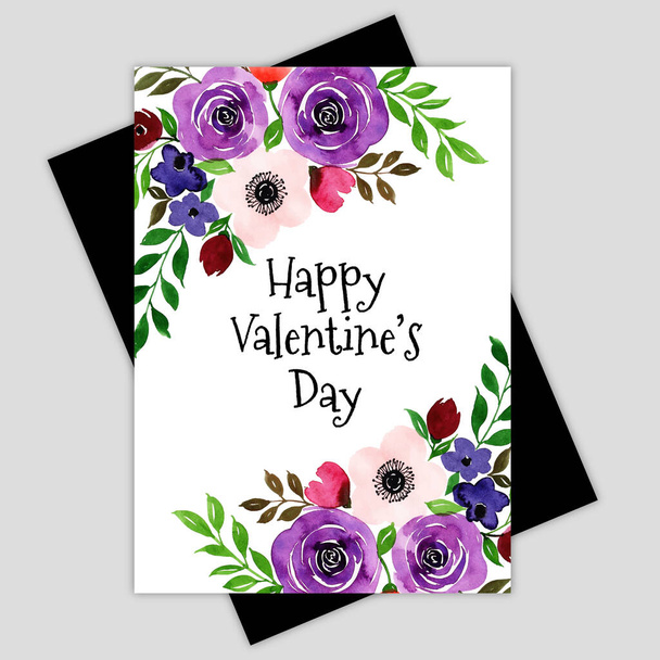 Watercolor Valentine Floral Greeting Card - Vecteur, image