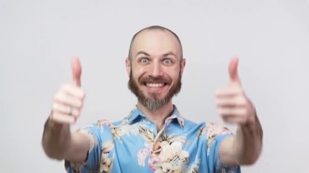 Šťastný vousatý muž v havajské košili ukazující palce na bílém pozadí. Dobrá práce, velmi dobře. Pomalý pohyb. - Záběry, video