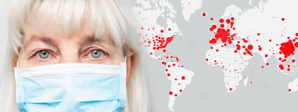 Mujer con una máscara médica en el fondo del epicentro del mapa mundial epidémico. Muertes de una cepa de virus covid 19. Prohibición del movimiento, vuelos entre países debido al coronavirus
 - Foto, Imagen