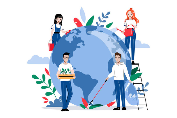 Concept Of Celebration Earth Day. People Clean The Earth, Planting Wand Watering Plants. Woman Is Watering Planet By Watering Can Standing On Ladder. Cartoon Linear Outline Flat Vector Illustration - Vector, Image