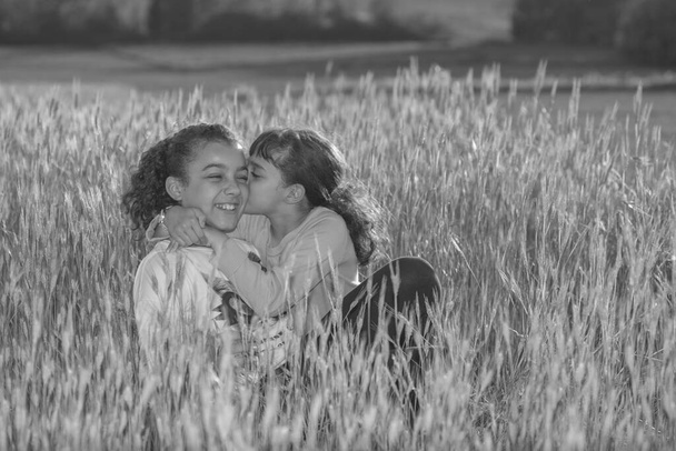 Bruneta sestry líbat a usmívat se na poli se sluncem svítí. Černobílý portrét. životní styl konceptu. - Fotografie, Obrázek