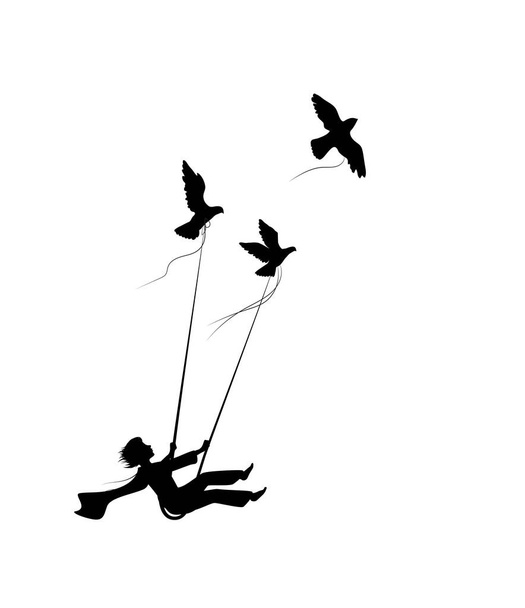 Traumflugkonzept, Junge auf der Schaukel fliegt weg und hält Tauben, fliegt im Traumland, Schatten, - Vektor, Bild