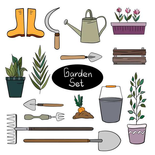 Seamless pattern of garden tools on a white background. Potted flowers, rubber boots, carrot sprout, branch, flowerpot, pruner. - Vector, Image
