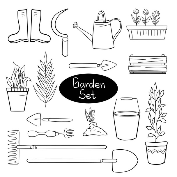 Saumaton kuvio puutarhan työkaluja valkoisella taustalla. Potted kukkia, kumisaappaat, porkkana ituja, haara, kukkaruukku, karsinta
. - Vektori, kuva