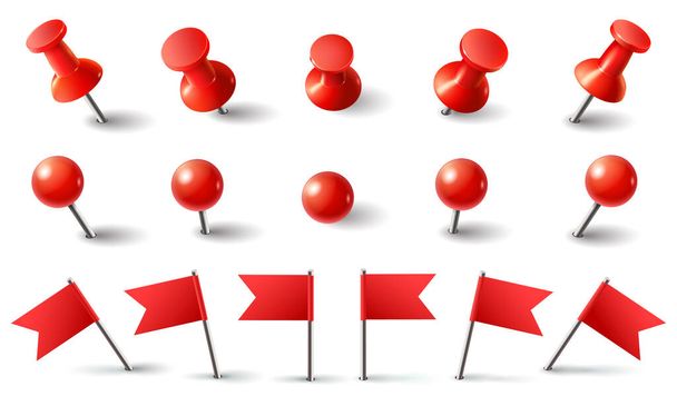Red pushpin, flag and thumbtack. Isolated vector set - Vector, Image