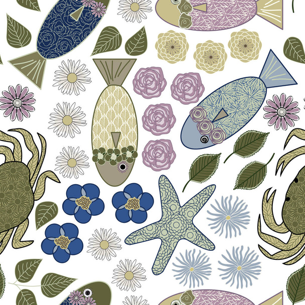 Vector cangrejos peces estrellas de mar flores en azul púrpura oro verde dispersos sobre fondo blanco sin costuras patrón de repetición. Fondo para textiles, tarjetas, fabricación, fondos de pantalla, impresión, envoltura de regalo y
 - Vector, Imagen