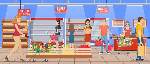 Customers people bying products in supermarket - Vector, Image