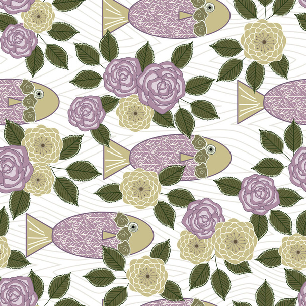 Vector Fish and Flowers in Purple Gold Green on White Background Seamless Repeat Pattern. Background for textiles, cards, manufacturing, wallpapers, print, gift wrap and scrapbooking. - Vector, Image