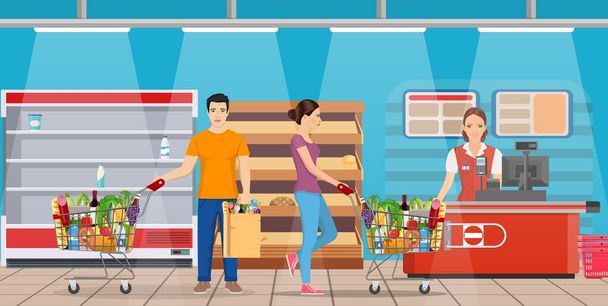 Clientes personas que venden productos en el supermercado
 - Vector, Imagen