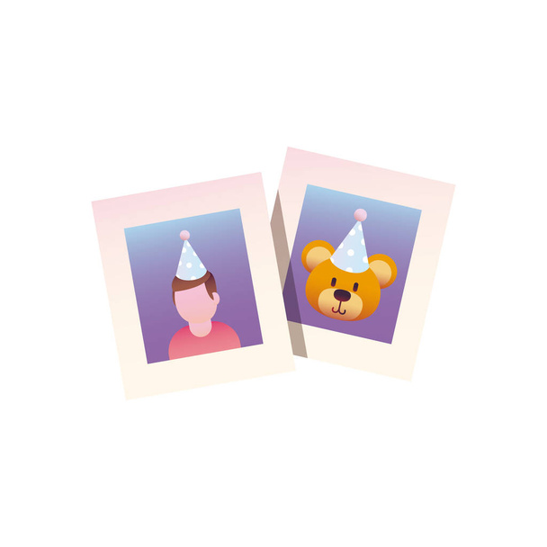 niño y oso con partido sombrero fotos gradiente estilo icono vector diseño
 - Vector, Imagen