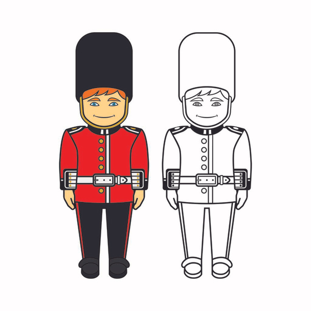 Karikatur einer Garde der Königin in traditioneller Uniform, britischer Soldat isoliert auf Weiß. Für Malbuch - Vektor, Bild