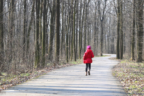Pieni tyttö punaisessa takissa ja punainen hattu kävelee keväällä metsässä puiden keskellä asfalttitiellä
 - Valokuva, kuva