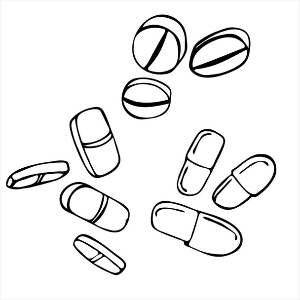 Conjunto de píldoras y cápsulas realistas vectoriales aisladas sobre fondo blanco. Medicamentos, tabletas, cápsulas, medicamentos para el dolor, antibióticos, vitaminas. Salud ilustración médica y vectorial
. - Vector, Imagen