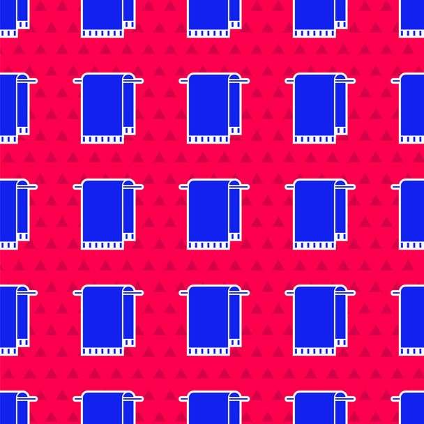 Toalla azul en un icono de la percha patrón inconsútil aislado sobre fondo rojo. Icono de toalla de baño. Ilustración vectorial - Vector, imagen