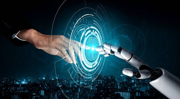 Rendre 3D intelligence artificielle Recherche IA de développement de robots et de cyborgs pour l'avenir des personnes vivant. Conception de technologies numériques d'exploration de données et d'apprentissage automatique pour cerveau d'ordinateur. - Photo, image