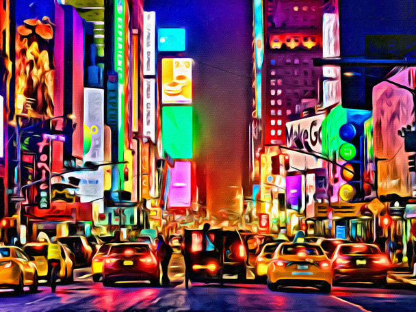 Neon New York City Amerikai Egyesült Államok művészi festmény vásznon Sárga taxik és a forgalom időnként tér belváros éjjel - Fotó, kép