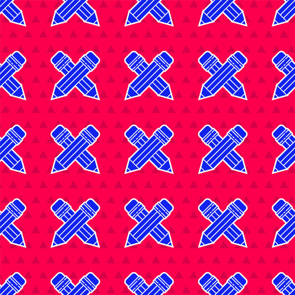 Blauw gekruist potlood met gum pictogram geïsoleerd naadloos patroon op rode achtergrond. Tekening en educatieve hulpmiddelen. Schoolkantoorsymbool. Vector Illustratie - Vector, afbeelding