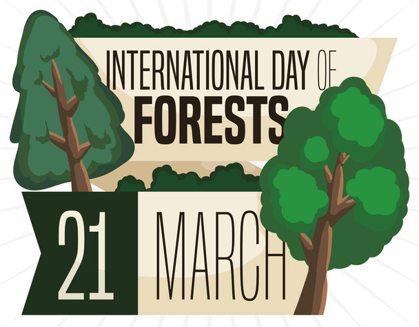 Pamiątkowy projekt z wstążkami powitalnymi i różnymi typami drzew promujących Międzynarodowy Dzień Lasów 21 marca. - Wektor, obraz