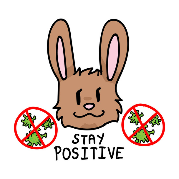 Stay positive. Corona virus covid 19 infographic with cute bunny. Community world wide help social media clipart. Viral pandemic support for kids. Outreach poster square banner vector. - Vector, Image