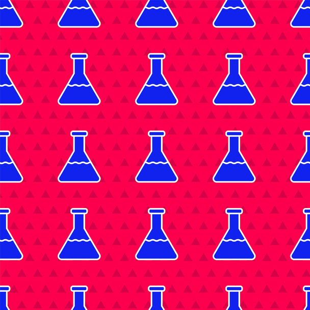 Kék kémcső és lombik kémiai laboratóriumi vizsgálati ikon izolált zökkenőmentes minta piros alapon. Laboratóriumi üvegáru jel. Vektorillusztráció - Vektor, kép
