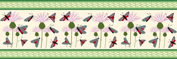 Šest bodových burnetových bezešvých vektorových hranic. Den vlající motýlí louka květinový prapor. Klasický skotský pobřežní hmyz a květinové ilustrace. Skotsko letní stuha volně žijící zvěře, střih okraje, washi páska - Vektor, obrázek