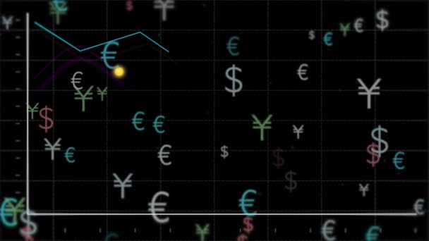 Основные мировые валюты падают на черном фоне, график движется вниз
. - Кадры, видео
