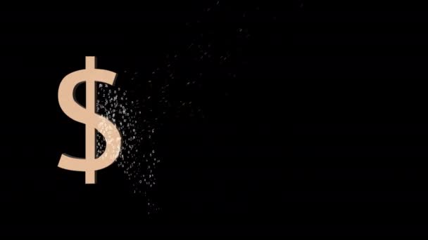 Gouden dollar pictogram vallen in stukken over zwarte achtergrond. - Video