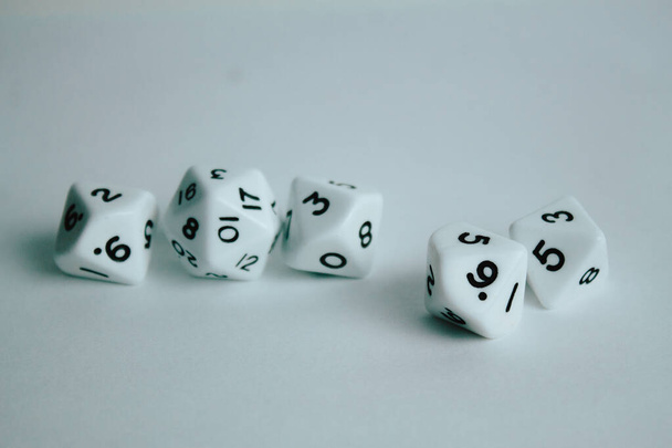 Dice of different faces, d10 and d20, ready to play adventure games. Dice geeks to play. Game dice. - Photo, Image
