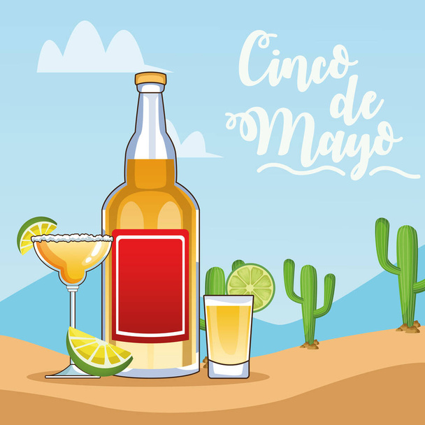 tarjeta de celebración cinco de mayo con botella de tequila y tazas
 - Vector, imagen