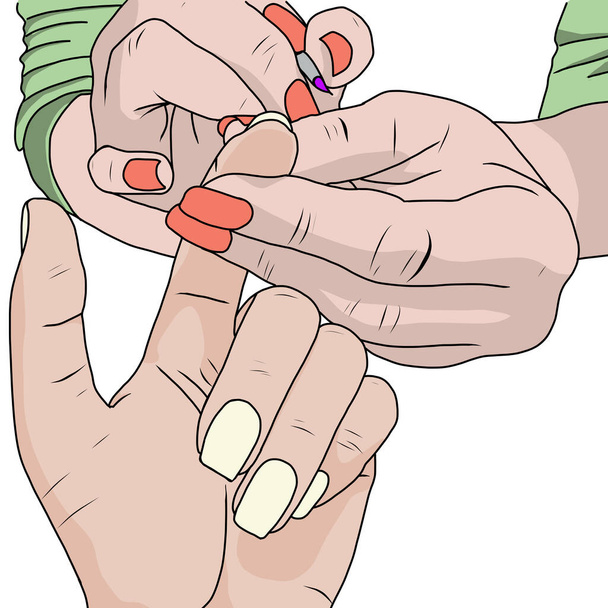 Manicure is een cosmetische schoonheidsbehandeling voor de nagels en handen, uitgevoerd thuis of in een nagelsalon. Witte achtergrond - Foto, afbeelding