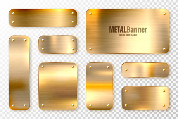 Realistic shiny metal banners set. Brushed steel plate. Polished copper metal surface. Vector illustration. - Vector, Image